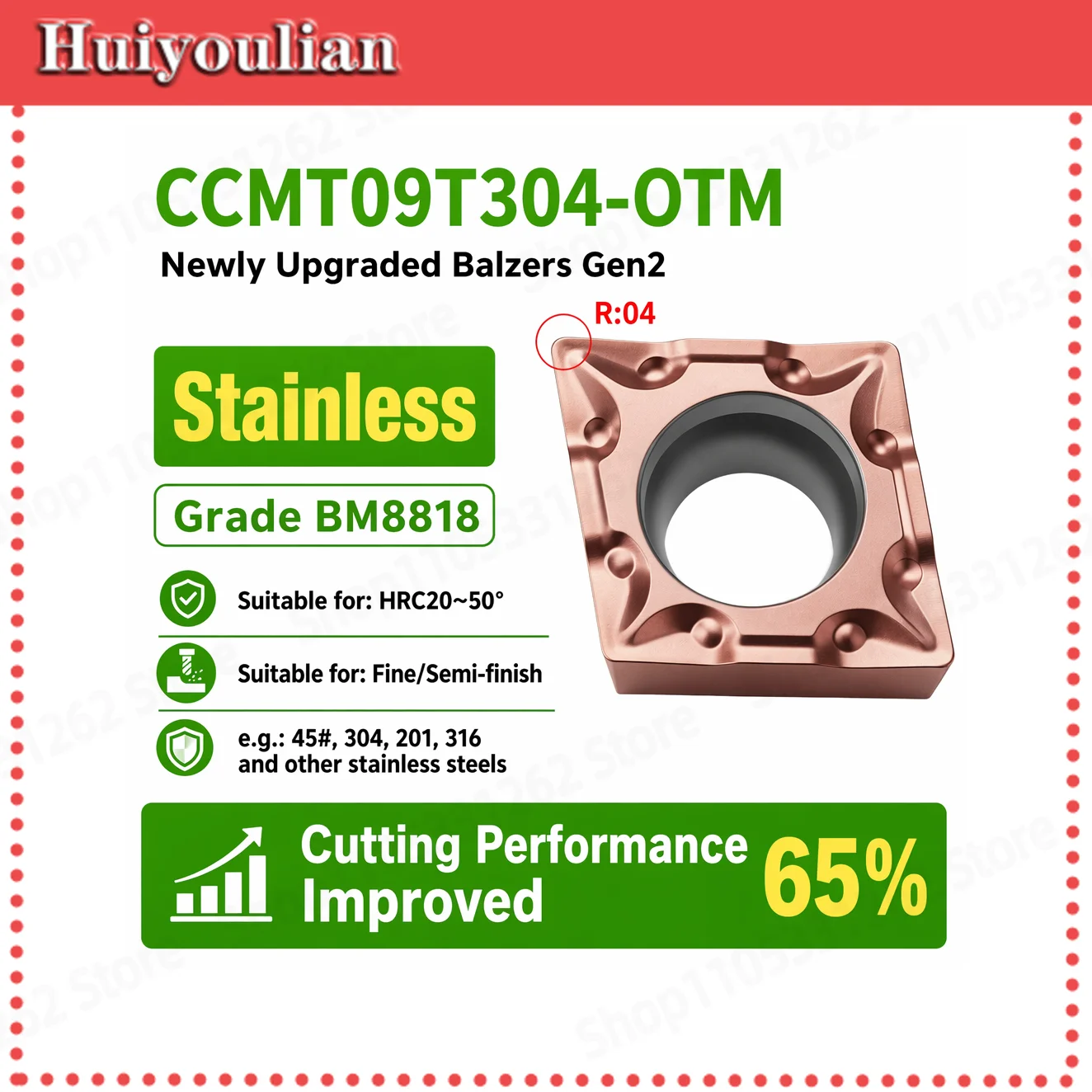 Precision CNC Boring Insert CCMT09T304-OTM for Stainless Steel Finishing and Semi Finishing HRC20-50 Gen2 Coating