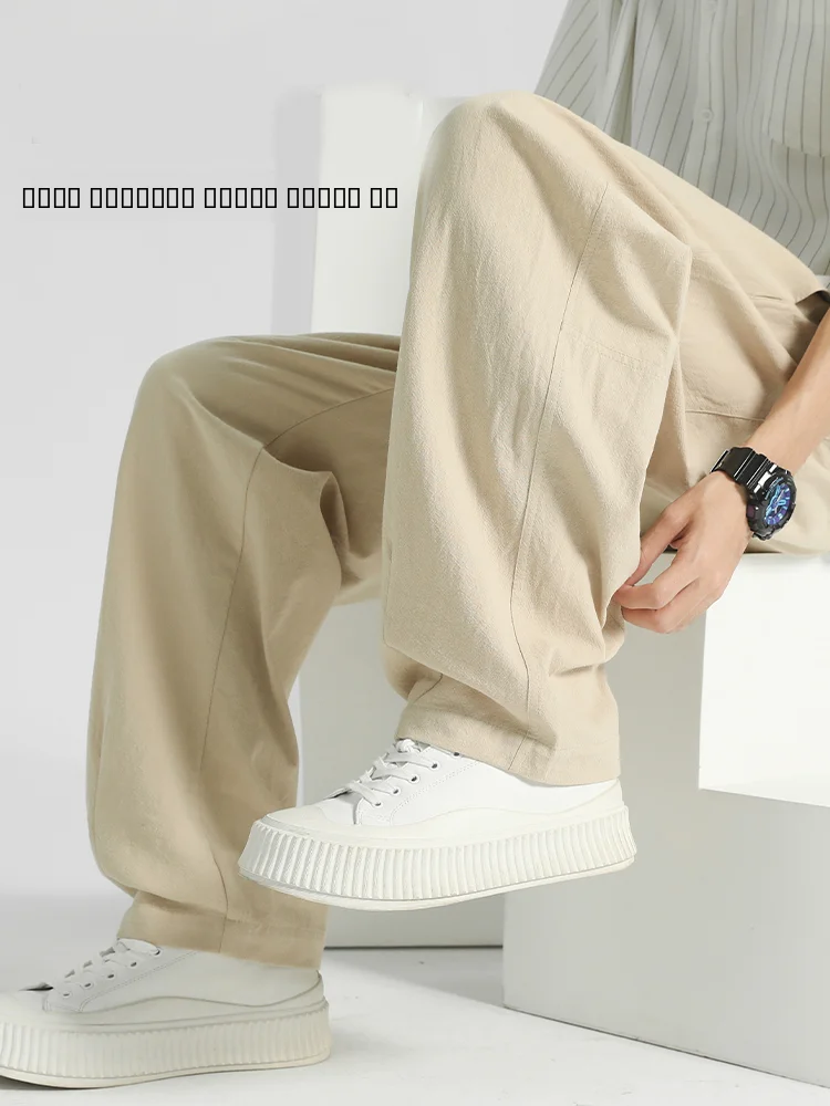

Khaki Cotton Linen Casual Pants Men Summer Straight Leg Sporty Comfortable Breathable Loose Fit Fashion Urban Style Trousers