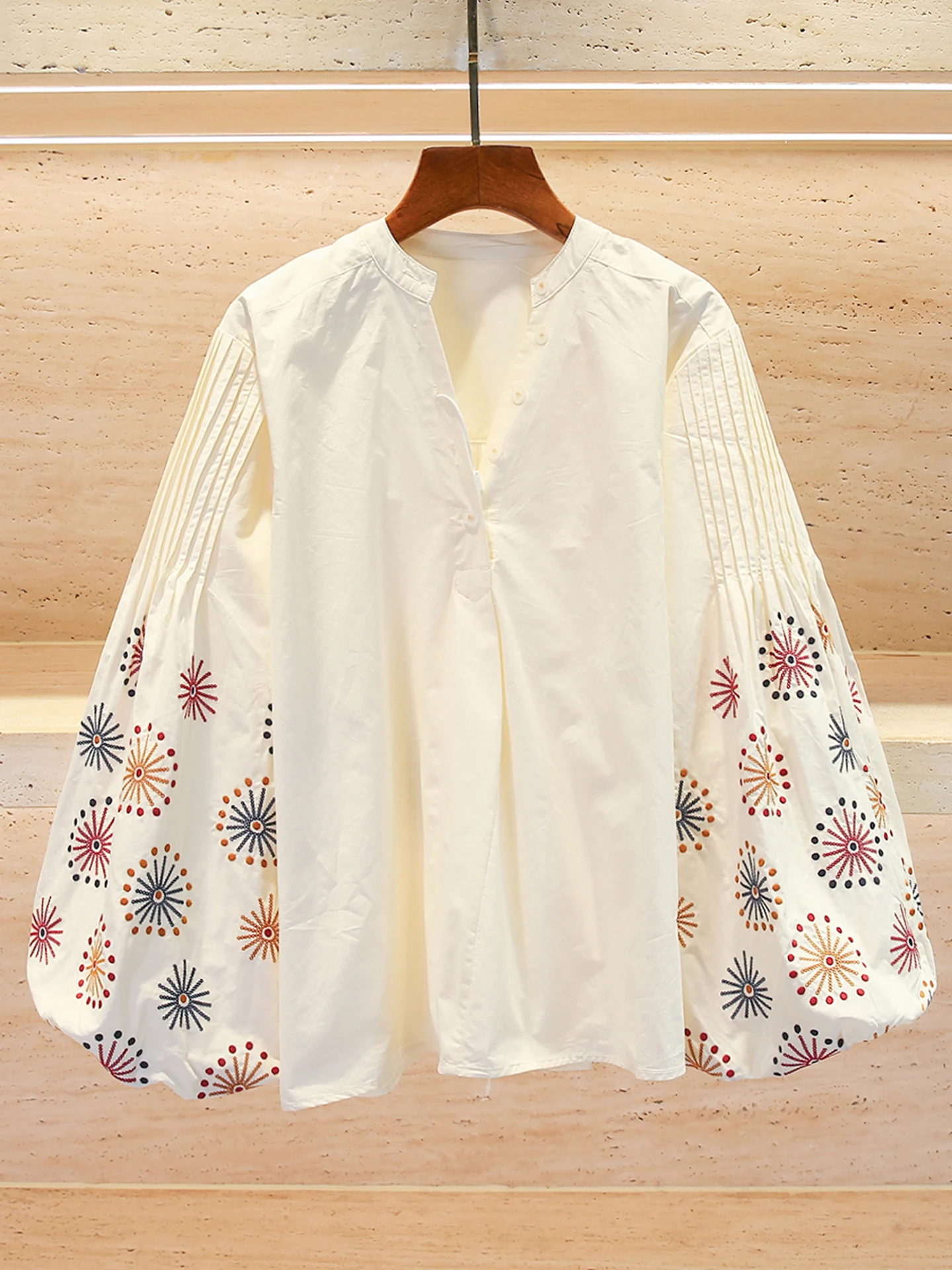 

Bohemian Style Embroidered Lantern Sleeve Shirt Women's Premium Spring Fashion Top French Style Loose Fit Long Sleeve V-Neck