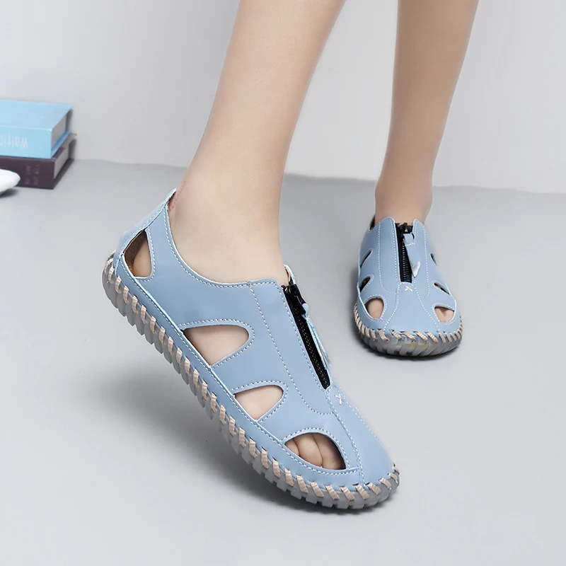 

High Quality Leather Women Sandals Summer Hollow Flat Sneakers Comfortable Beach Women's Sandals Fashion Women's Shoes Size 44