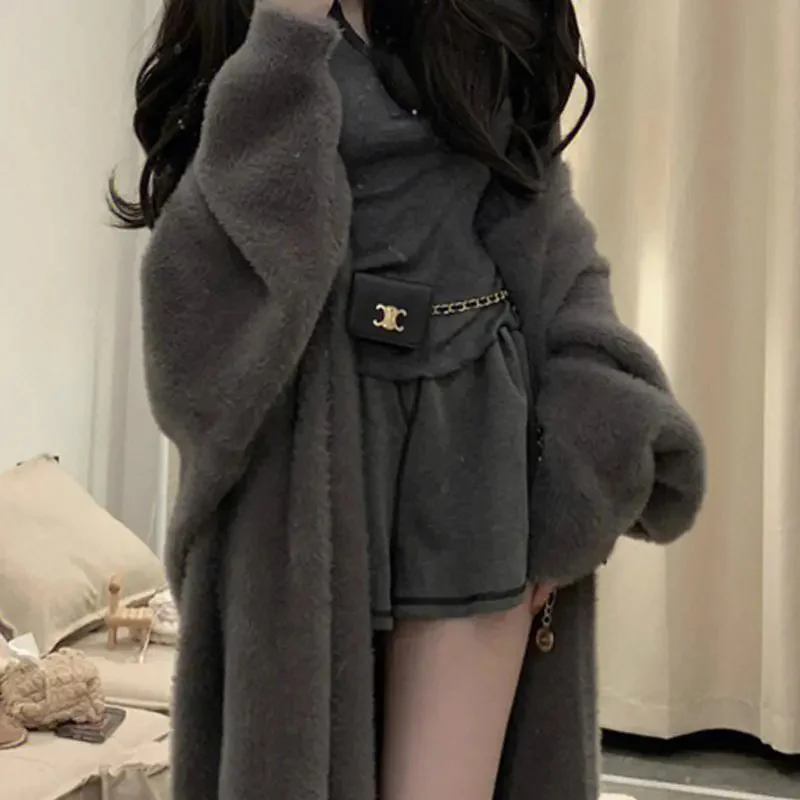 Imitation Mink Fur Sweater Jacket Women, Loose And Lazy Style, Medium Long White Knitted Cardigan, Hooded Bathrobe, Winter Coat