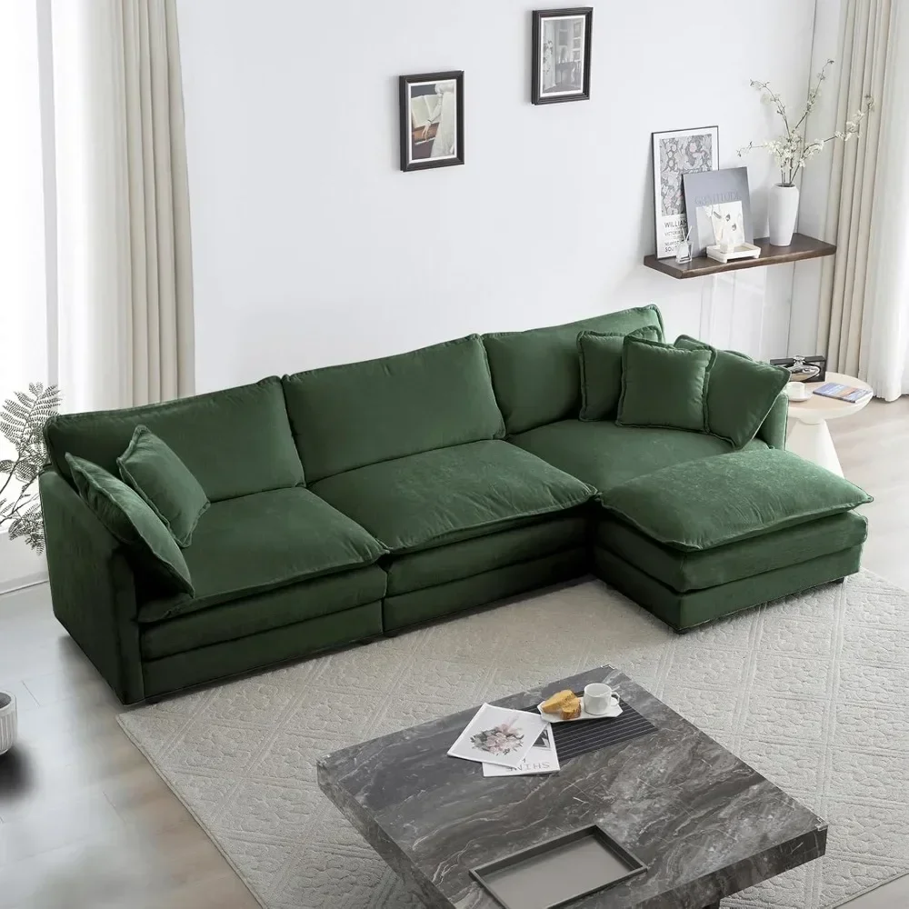 Chenille L-Shaped Modular Sectional Sofa, Modern 3-Seater Comfy Deep Seat Cloud Couch with Ottoman/Chaise & 5 Pillows