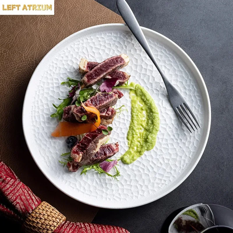 Straight Edged Ceramic Plate Steak Plate Salad Plate Dessert Snack Dish Serving Plates Flat Plates Hammer Pattern Tableware