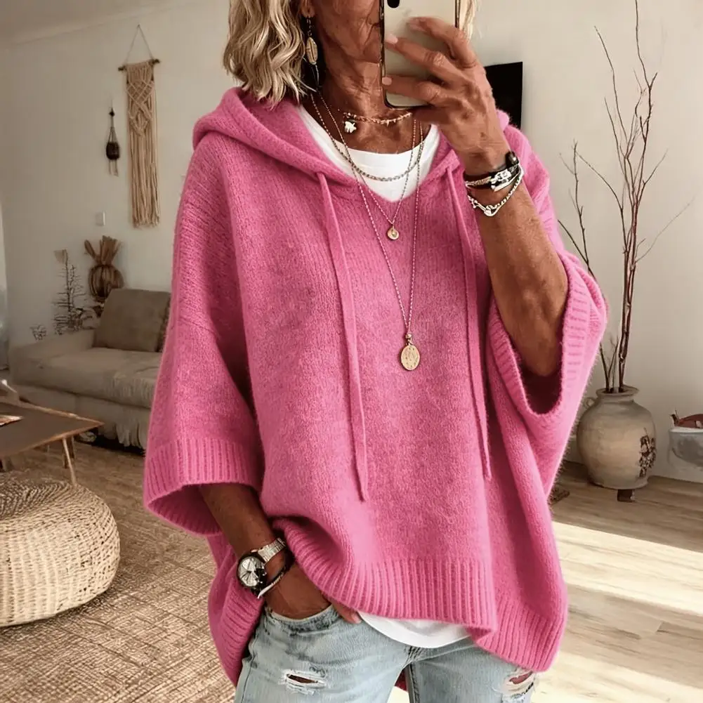 Loose Fit Sweater Autumn Women Knit Pullover Sweater Loose Fit Drawstring Hoodie 3/4 Sleeve Drop Shoulder Top Solid Color 3