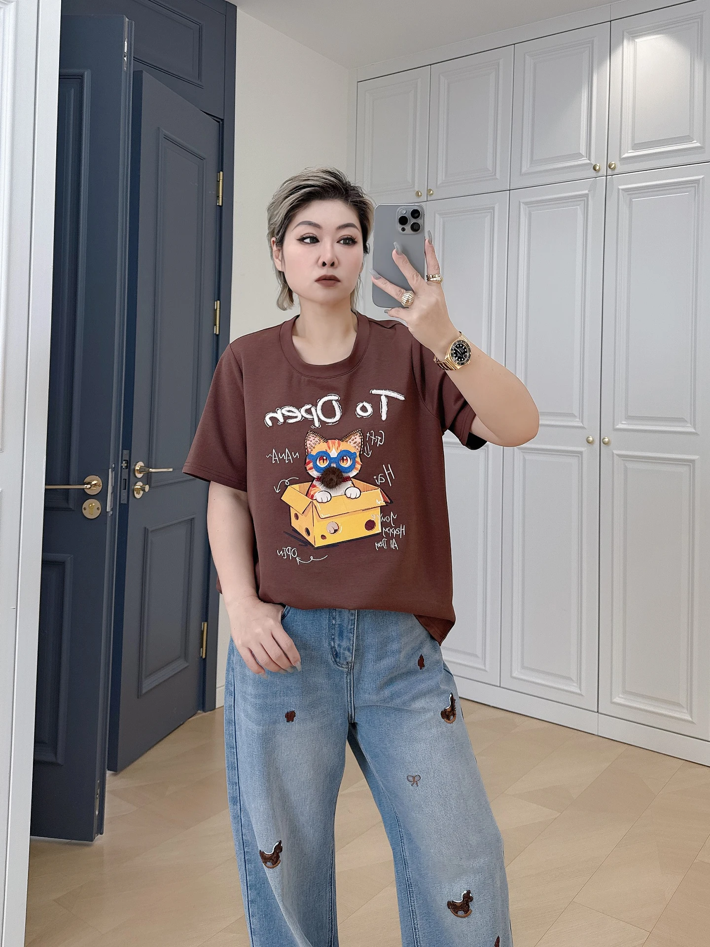 

Faionable Loose ort Sve Women's T-irt plus Size Casual round Ne Overweight Hide Meat Trendy Top for Younger Look