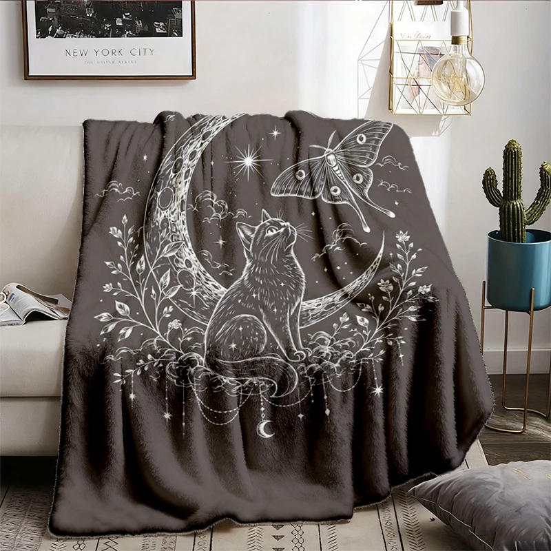 Celestial Black Cat Flannel Blanket, Witchy Moon Cat Flannel Blanket, Gothic Luna Moth Flannel Blanket