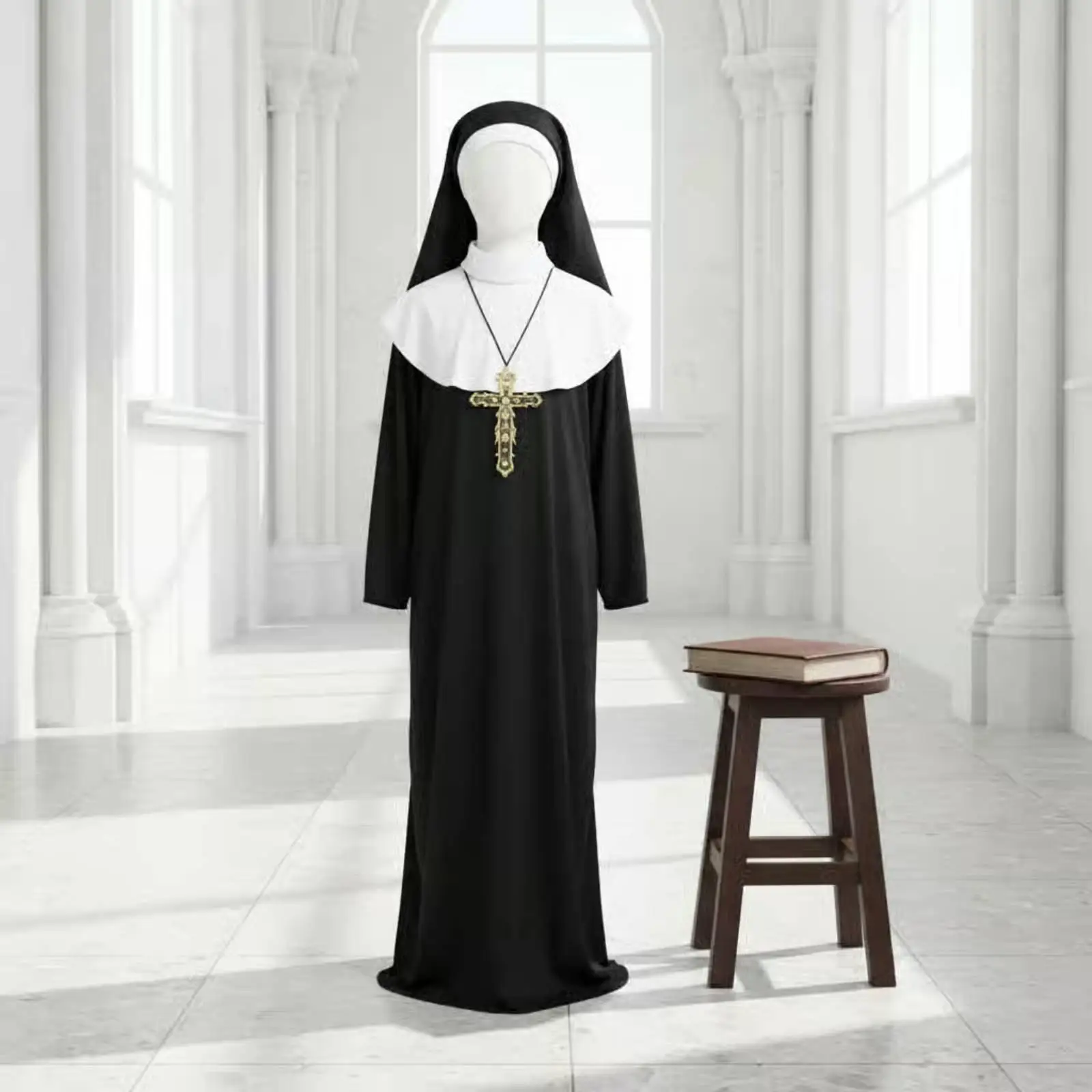 Kids Religious Nun Costume Comfortable Material Long Black Dress and Headpiece for Church Plays and Festivals
