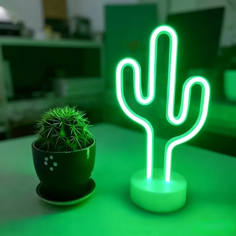 1pc Green Cactus Shape LED Neon Light With Base Decorative Night Light for Bedroom Desktop Wedding Birthday Party