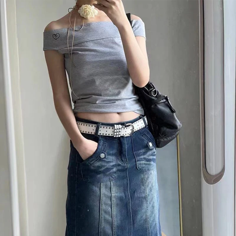 MEXZT Y2K Pure Cotton T Shirt Women Streetwear Sexy Slash Neck Crop Tops Summer Harajuku Korean Fashion Slim Casual Chic Tees