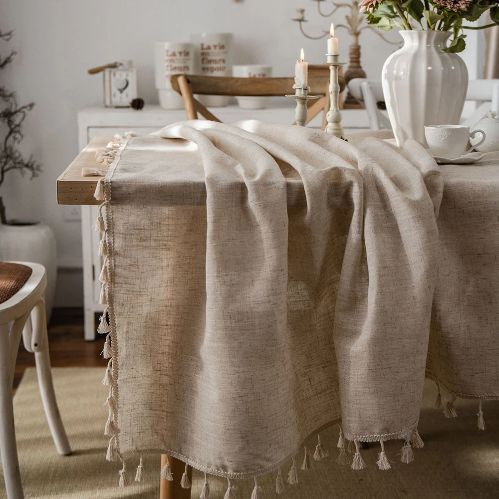 

Home polyester linen solid color tablecloth tassel country household for Kitchen Dining Room Holiday Party Tabletop Decoration