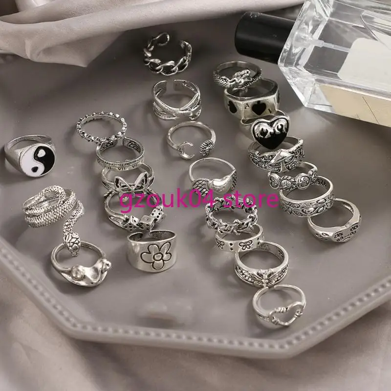 

68TD Pack Of 24 Vintage Silver Rings Gothic Finger Accessory For Men And Women