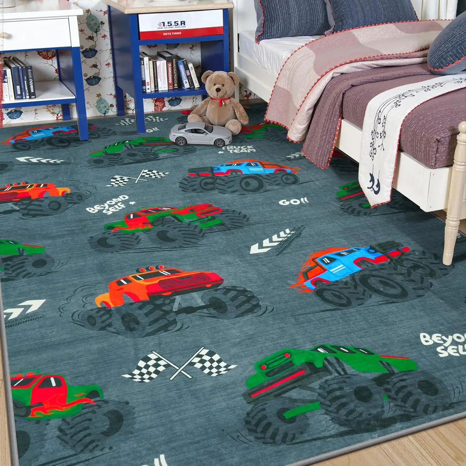Grey Monster Truck Mat, Vivid Color Offroad Race Car Flag Kids Decor Art Print, Non-Slip Washable Rug for Entry Hall Kitchen