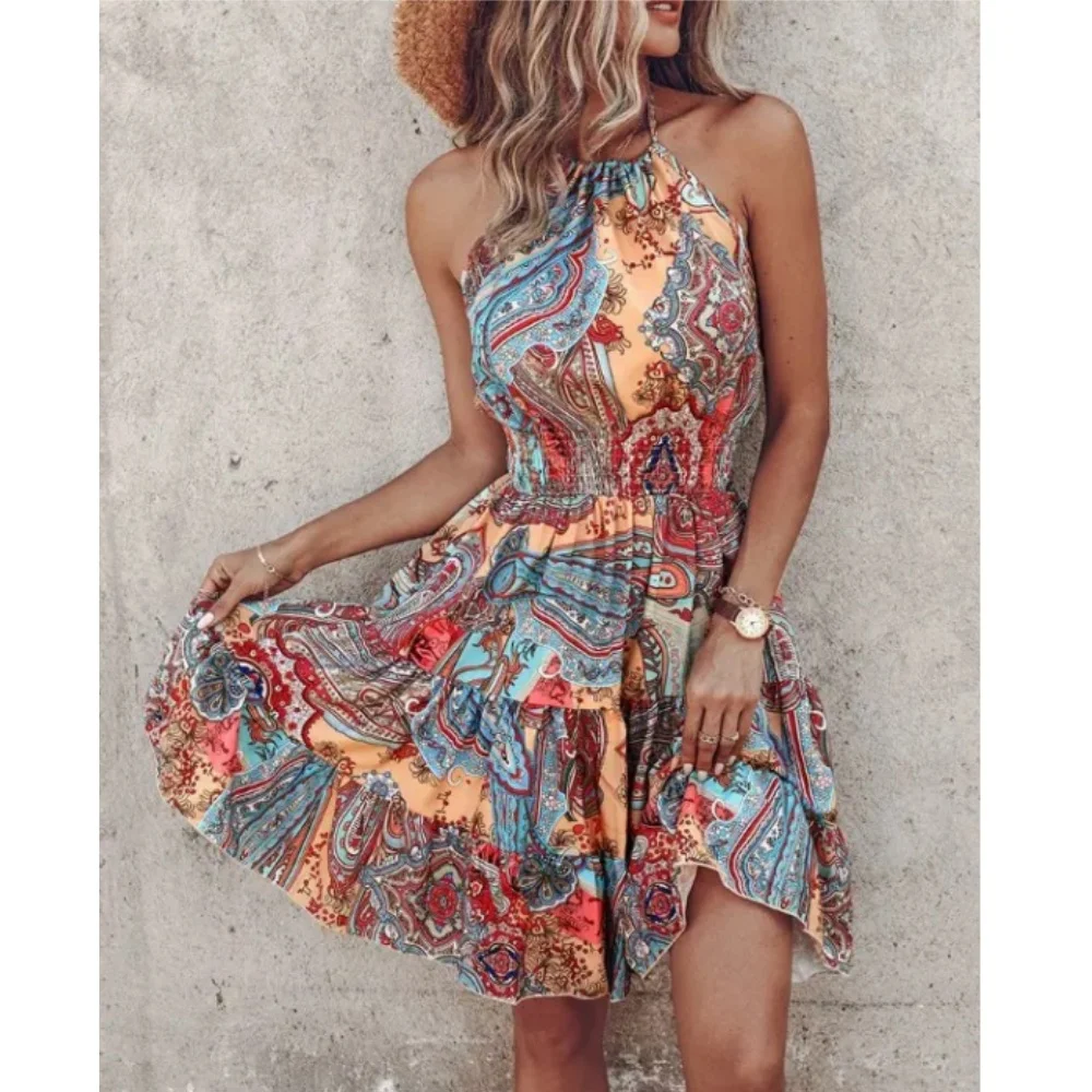 Elegant  Feminine  Mini Dress 2024 Summer Flower  Waist Wrapping Dress Beach Юбка Женская Vestidos De Mujer Casual  Jumpsuits