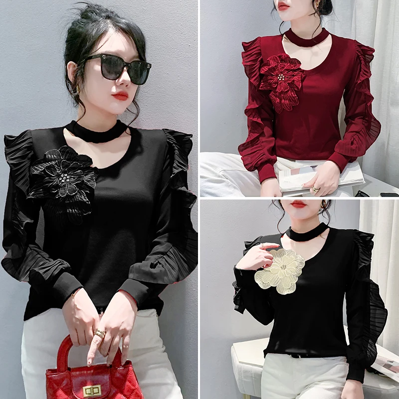 Korean Version Cotton 3D-demension Ruffles Female Autumn Winter Woman Pullover T-shirt Stand Collar Splicing Flowers Solid image 4