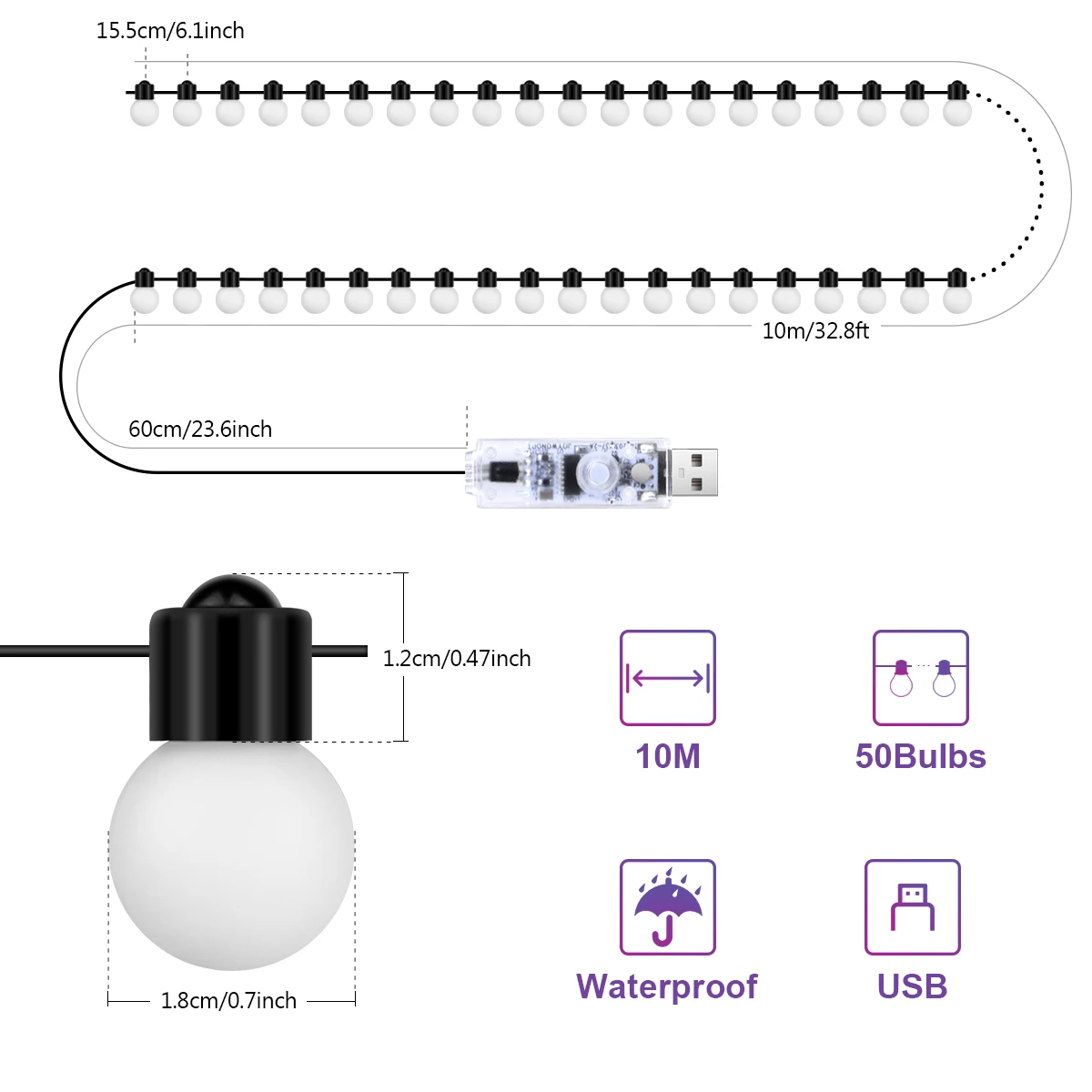 USB Bluetooth Colorful LED Bulb String Light 10M 50 Bulbs Fairy Lights Christmas Room Outdoor Garden Camping Decor Garland Lamp