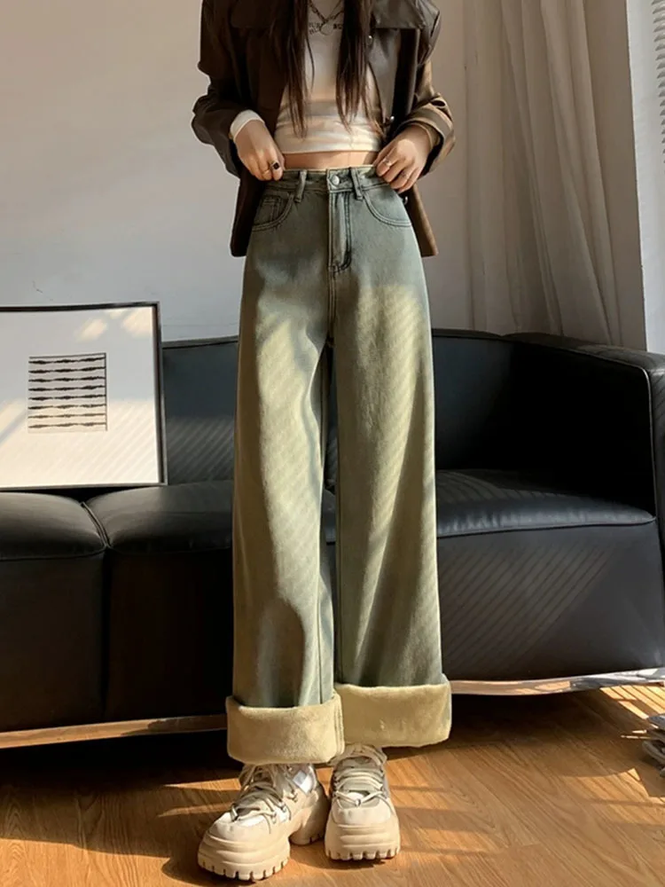 Plush Velvet Lined High Waist Wide Leg Jeans Fall Winter Vintage Pantalones Casual Streetwear Denim Pants Korea Women Vaqueros