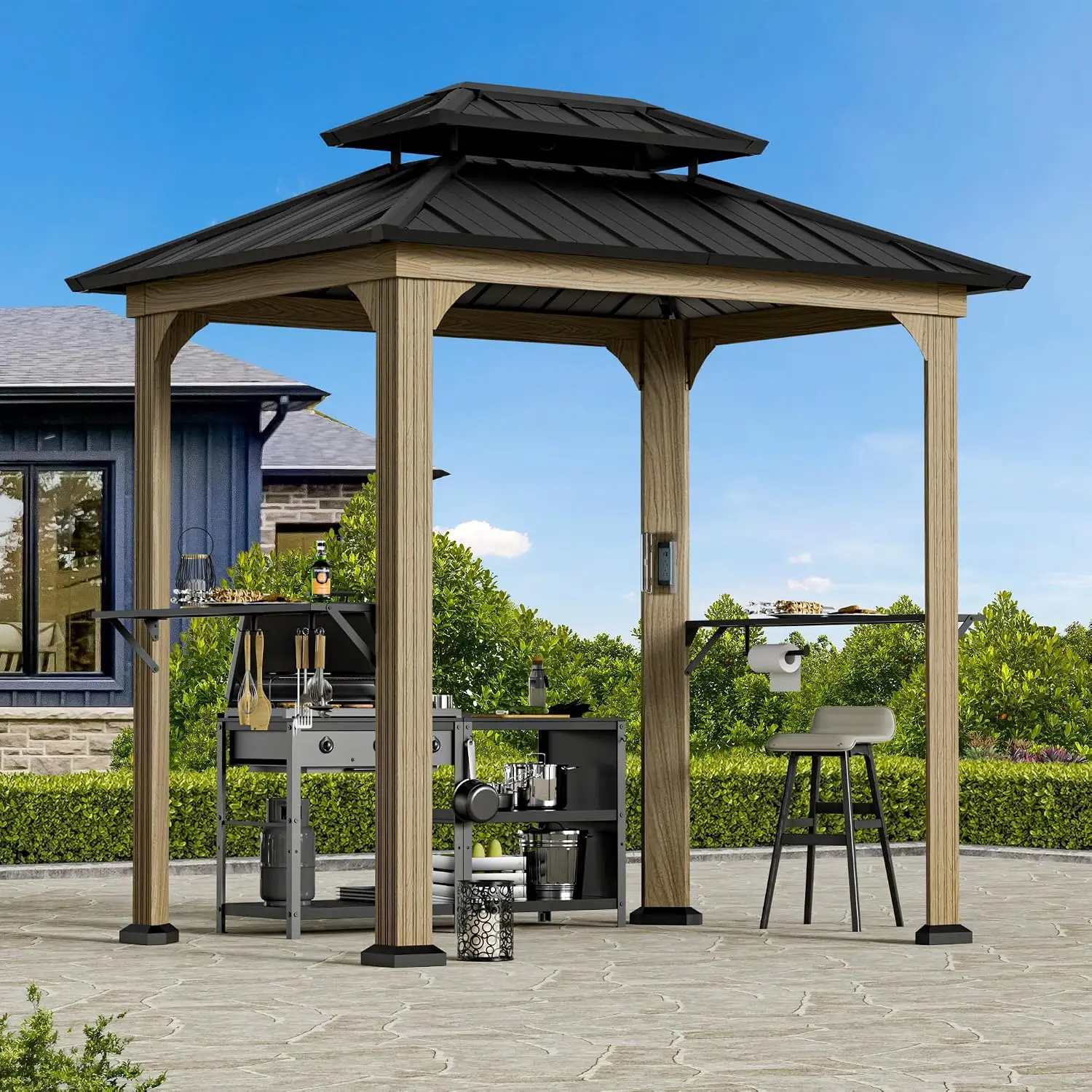 Modern Shade Grill Gazebo 6' x 8', Aluminum BBQ Gazebos with Shelves and Ceiling Hook, Grill Canopy Hardtop with Galvanized Stee
