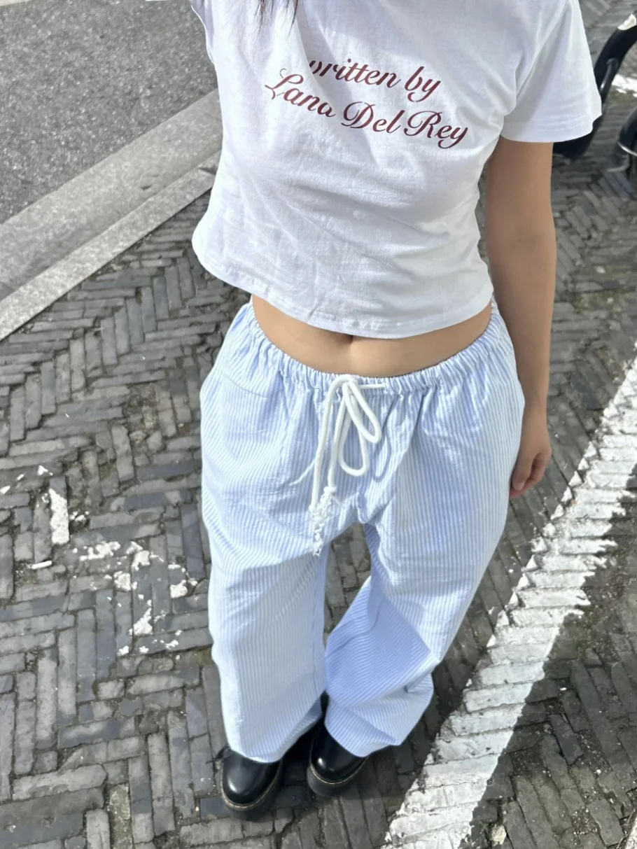 

Свободные широкие брюки для женщин, прямые брюки с завязками, корейский стиль, повседневные, однотонные, в полоску, свободного кроя, длинные брюки