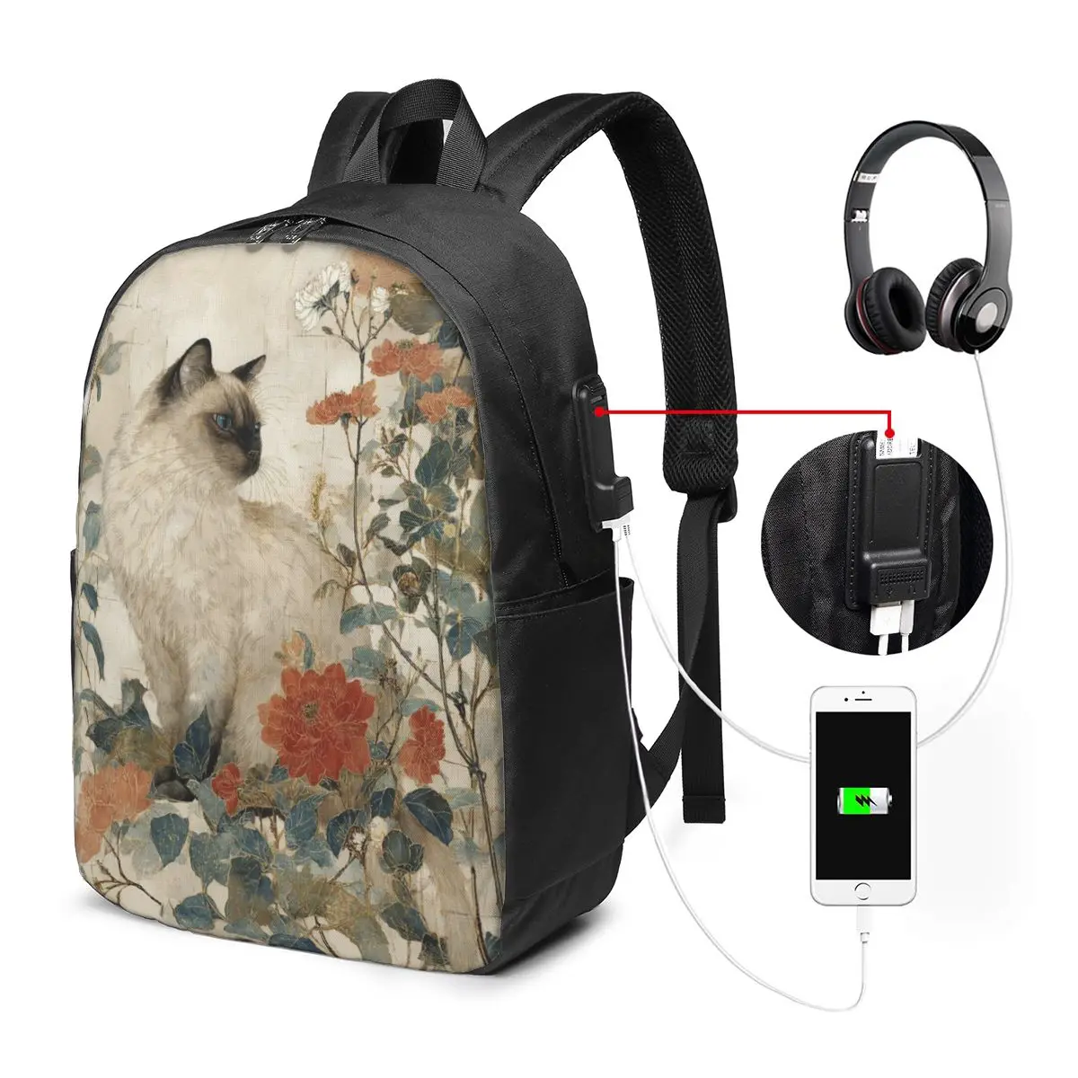 Cute Siamese And Floral Backpack Travel Notebook Bag Computer College Student School Bag Laptop Shoulder Bags for Men Women