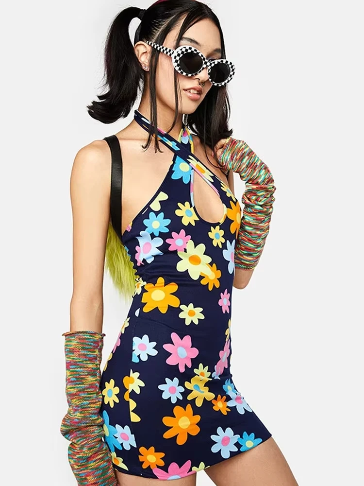 Bodycon-Kleid mit Blumendruck für Frauen, Y2k-Kleidung, rückenfrei, einteilig, Sommerkleidung, sexy Streetwear, ärmellos, Vestidos De Mujer