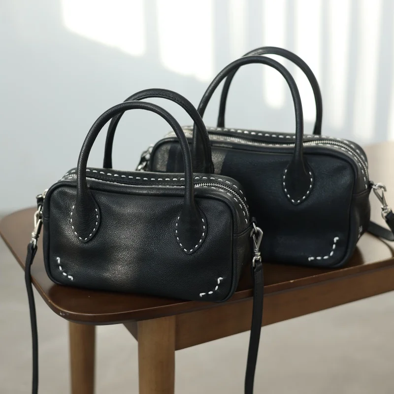 Women Genuine Leather Elegant Crossbody Bags Soft Handbag With Detachable And Adjustable Shoudler Strap And Hand Embroidery