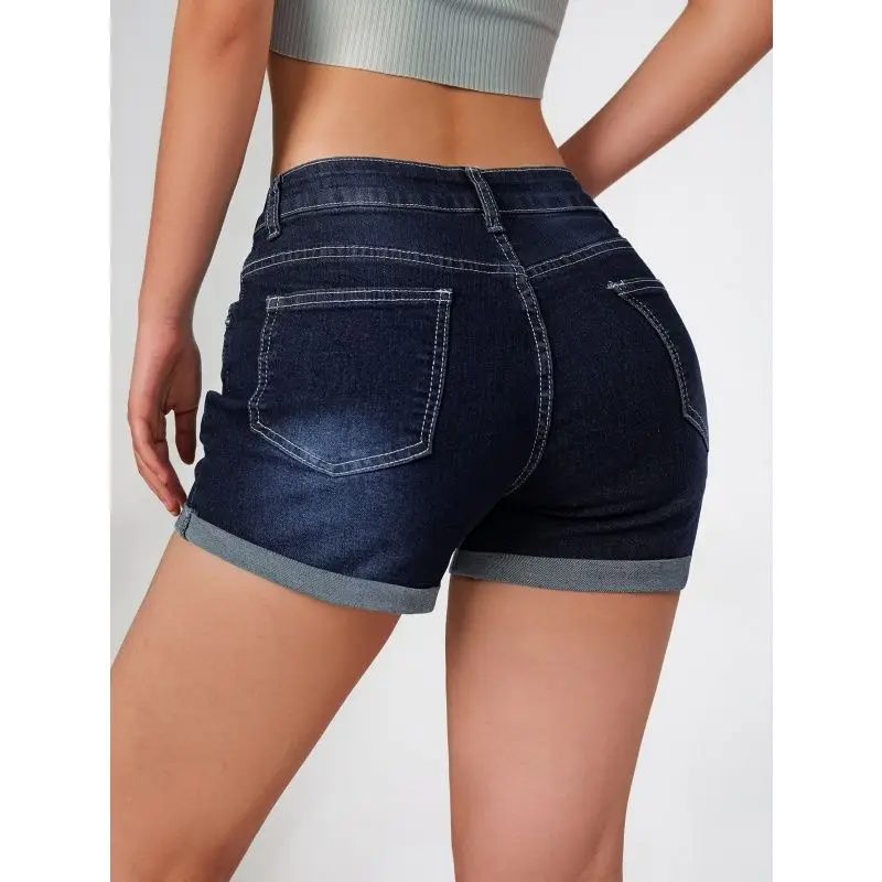 Women's Summer Denim Shorts American Deep Blue Elastic Slim Fit Fashionable Versatile Casual Retro Denim Shorts view 5