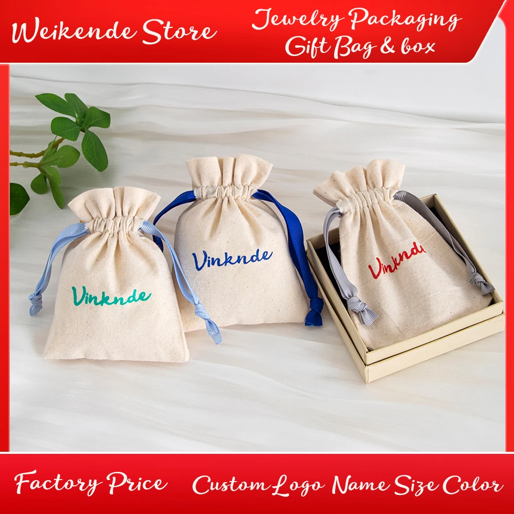 

50pcs Bulk Custom Logo Cotton Canvas Drawstring Bag with Grosgrain Ribbon Natural Muslin Wedding Gift Pouches For Candy Jewelry