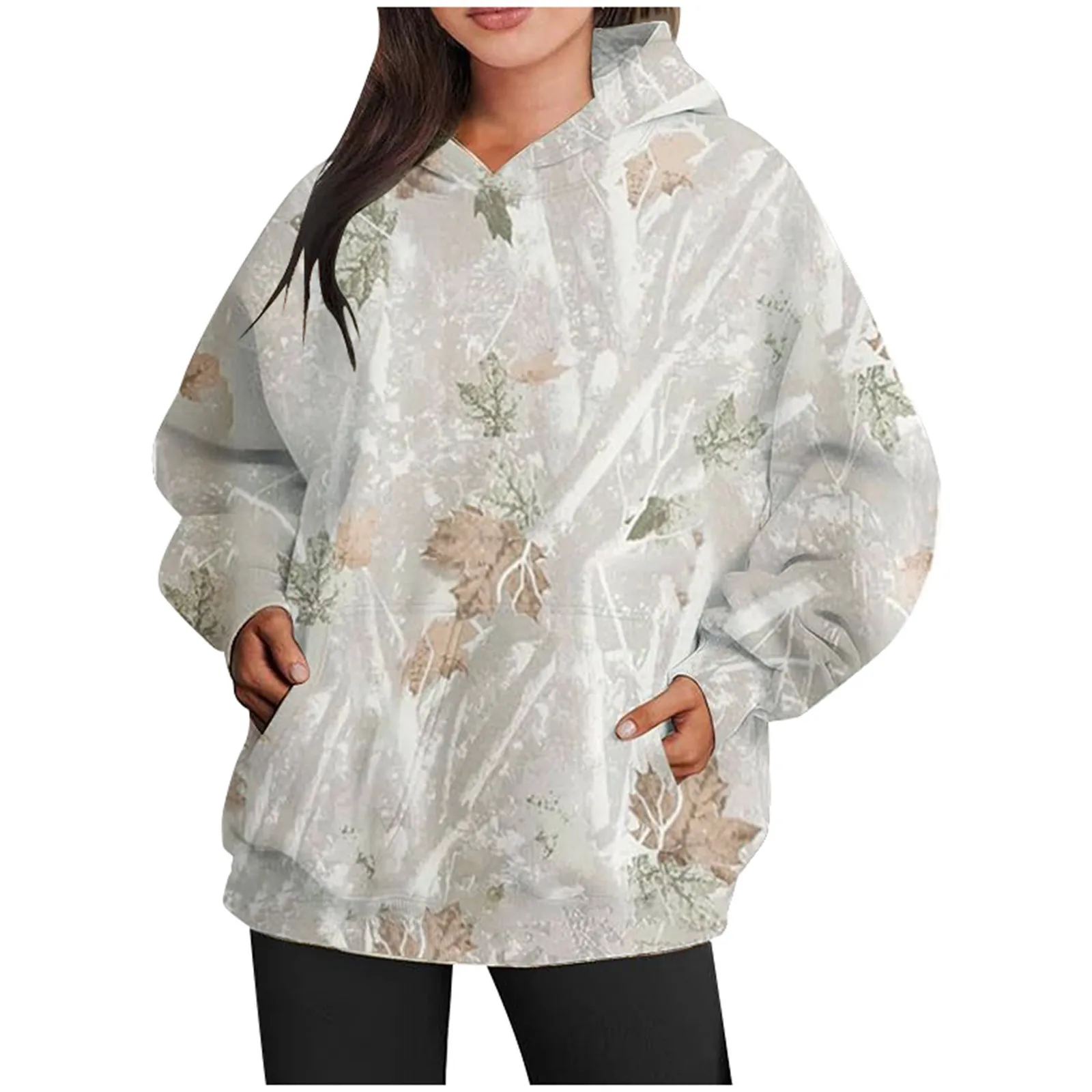 

Fashion Plant Print Hoodie For Women Daily Casual Long Sleeve Pocket Pullover 2024 Autumn Winter New Loose Elegant Lady Top