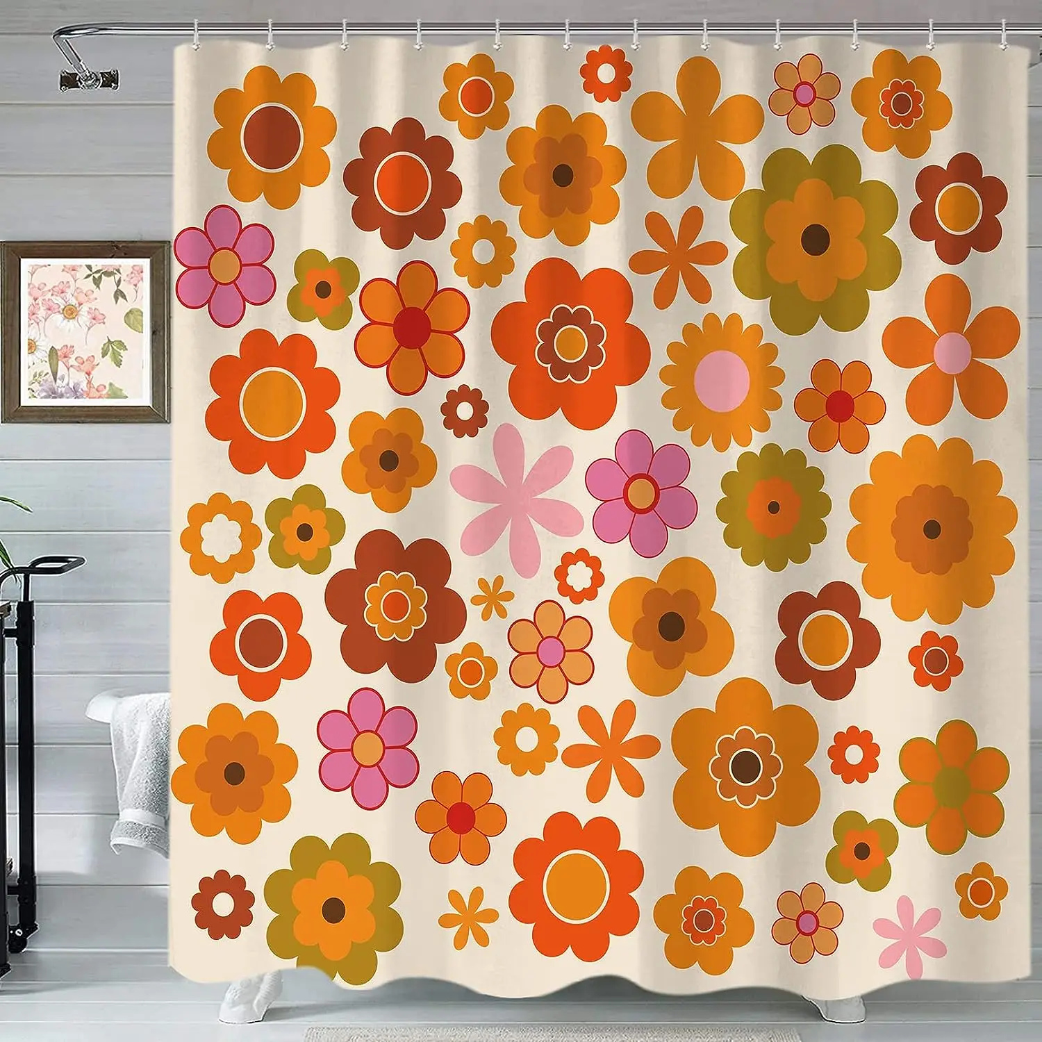 Retro Flowers Shower Curtain Groovy Brown Orange Sun Flower Vintage 70s Fabric Shower Curtains Set for Bathroom Decor 72x72 Inch