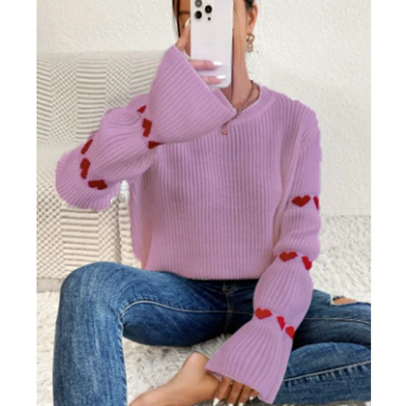 2025 Otoño e Invierno suéter mujer Base suelta manga larga codo a rayas cabeza de amor cuello redondo suéter de punto fábrica