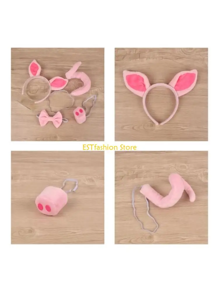 Y5GC Pig Costume Set Pig Ears Headband Tail Bowtie Nose for Kids Animal Cosplay Props