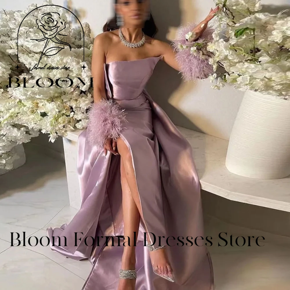 Bloom Customized Lavender Satin Strapless Prom Dresses Side Split Plush Oversleeves Noble Evening Dresses Wedding Party Gown