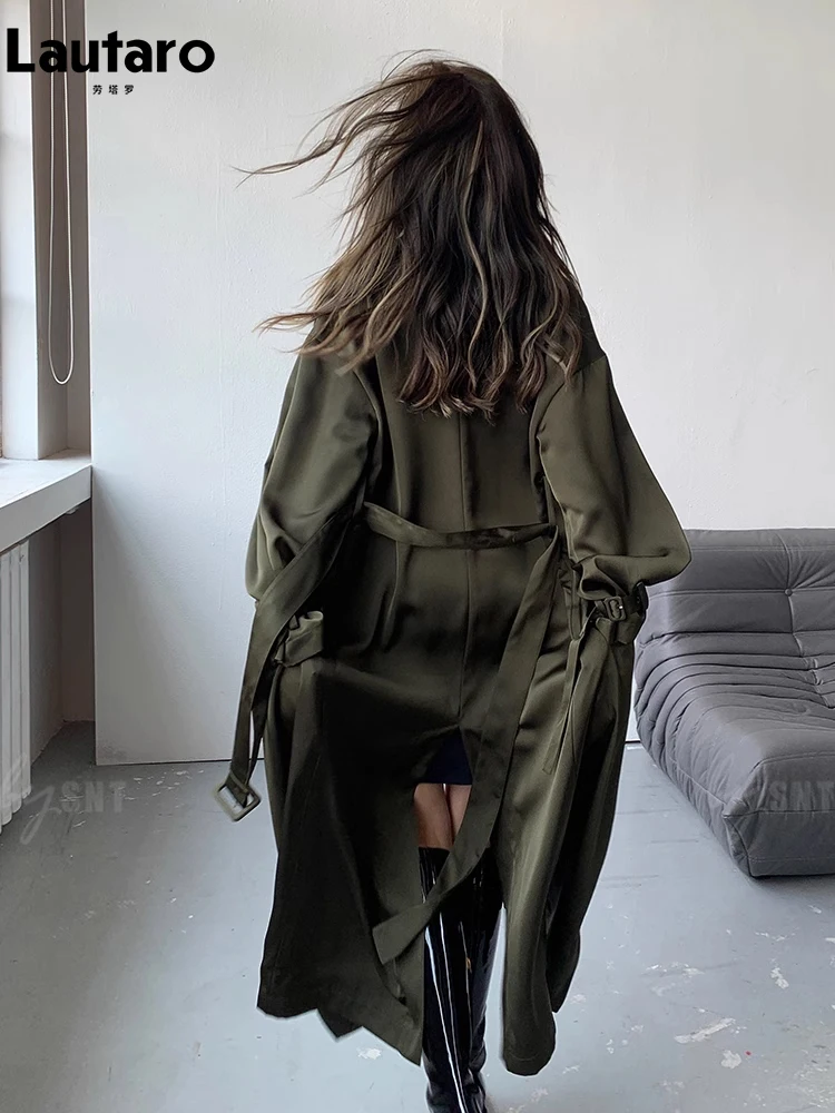 Lautaro Autumn Long Flowy Dark Green Trench Coat for Women Belt Single Breasted Luxury Designer Women Clothing 2023 New Arrivals