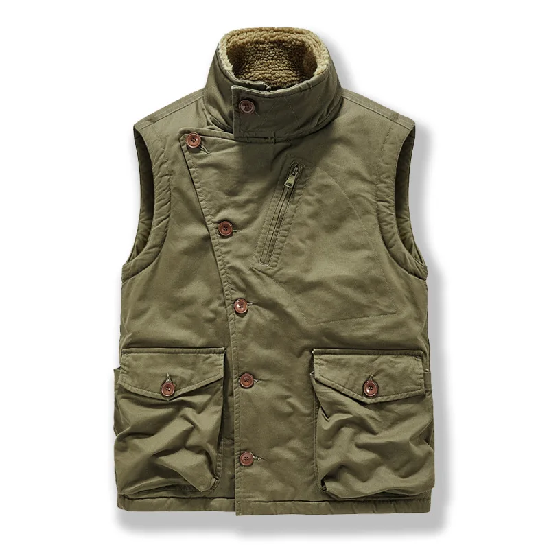 

Winter New Fashion Men’s Solid Color Asymmetrical Breasted Sleeveless Cotton Padded Vests Male Simple Basic Clothes Coats Jacket