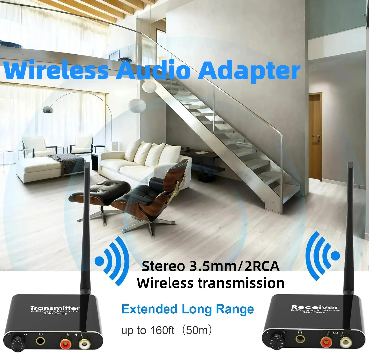 

50m Long Range 2.4GHz Wireless Audio Adapter Transmitter & Receiver with Volume Control for Subwoofer Speaker R/L or 3.5mm Jack