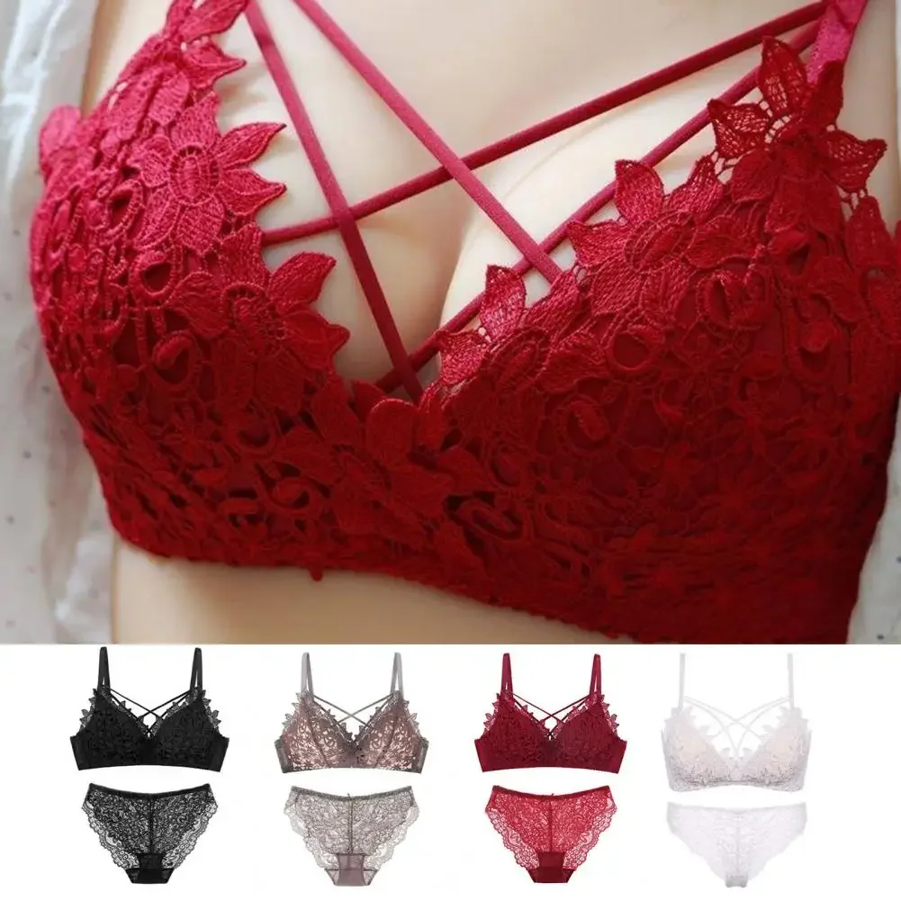 

2Pcs/Set Women Bra Panties Set Lace Flower Embroidery Hollow Push Up Seamless Wireless Anti-septic Lady Underwear
