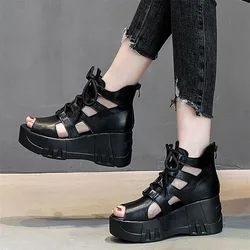 Comemore Retro 2023 New Soft PU Leather Summer Platform Wedges Shoes Sandal Women Leather Gladiator Women High-heeled Sandals