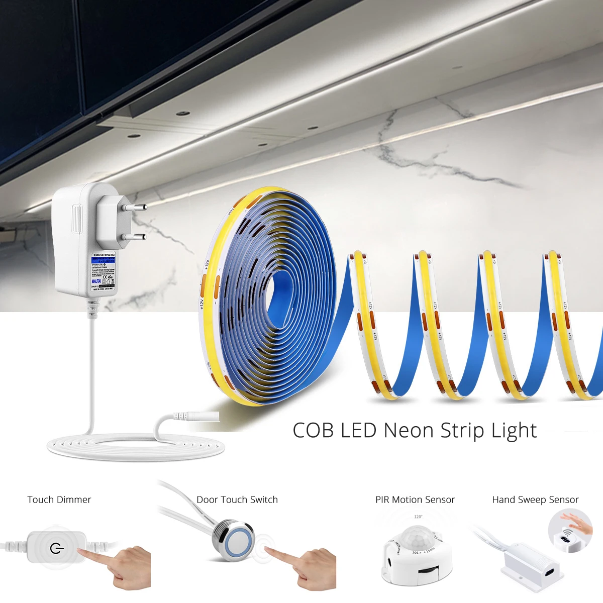 COB Led Strip Tape Light 12V 320 Leds/m Width 8mm with Adapter Cabinet Door Touch Dimmer Hand Sweep PIR Motion Sensor Switch