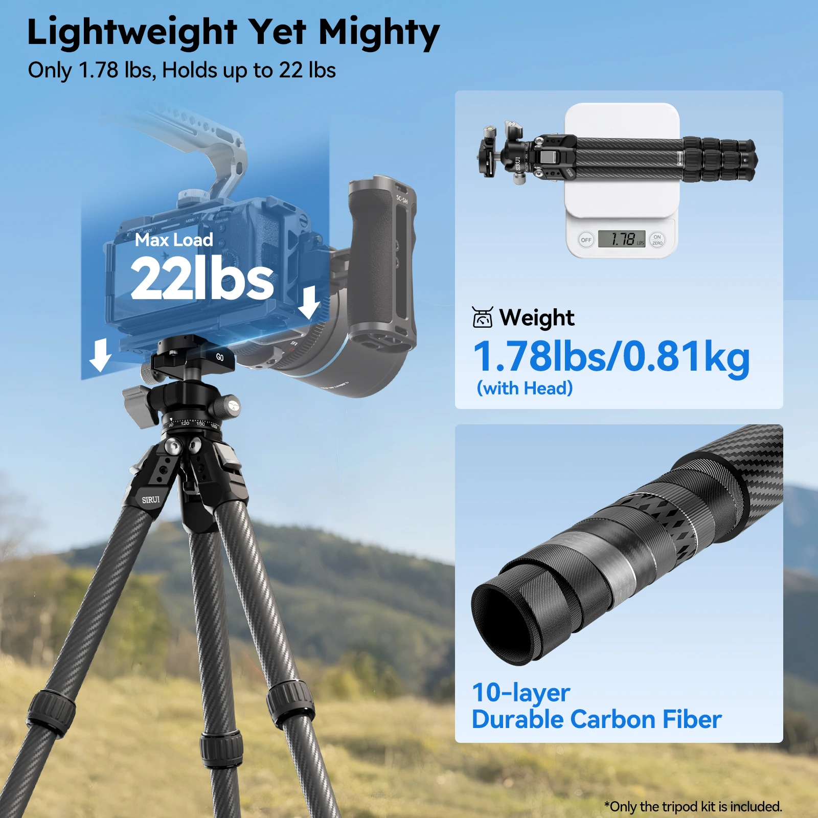 SIRUI​ Portable Tripod For Camera Phone Action Camera Accessories Support Weight Up To 10KG Carbon Feather AM-224S+G0