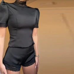 New Satin Lace Edge Top Short Sets For Women High Neck Padded Shoulder Blouse Low Waist Shorts 2026 Lady Spring Summer Outfits