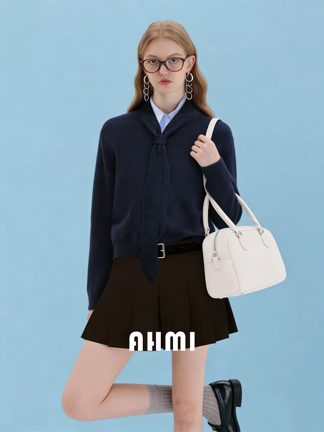 

Женский вязаный свитер AHMI Soft Blue с длинными рукавами, модный дизайн с бантом, свободный крой, теплый повседневный топ для осени и зимы