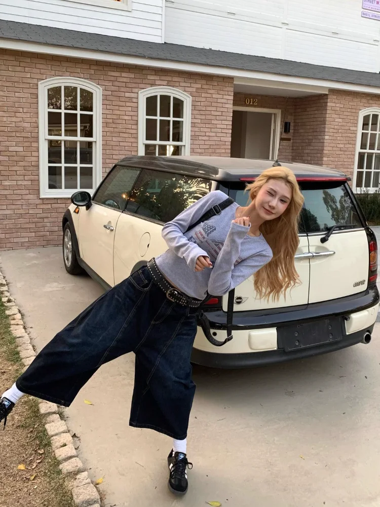 New High Waist Vintage Embroidery Trousers Patchwork Denim All-match Wid Leg Pants Slim Personalized Streetwear Pantalone