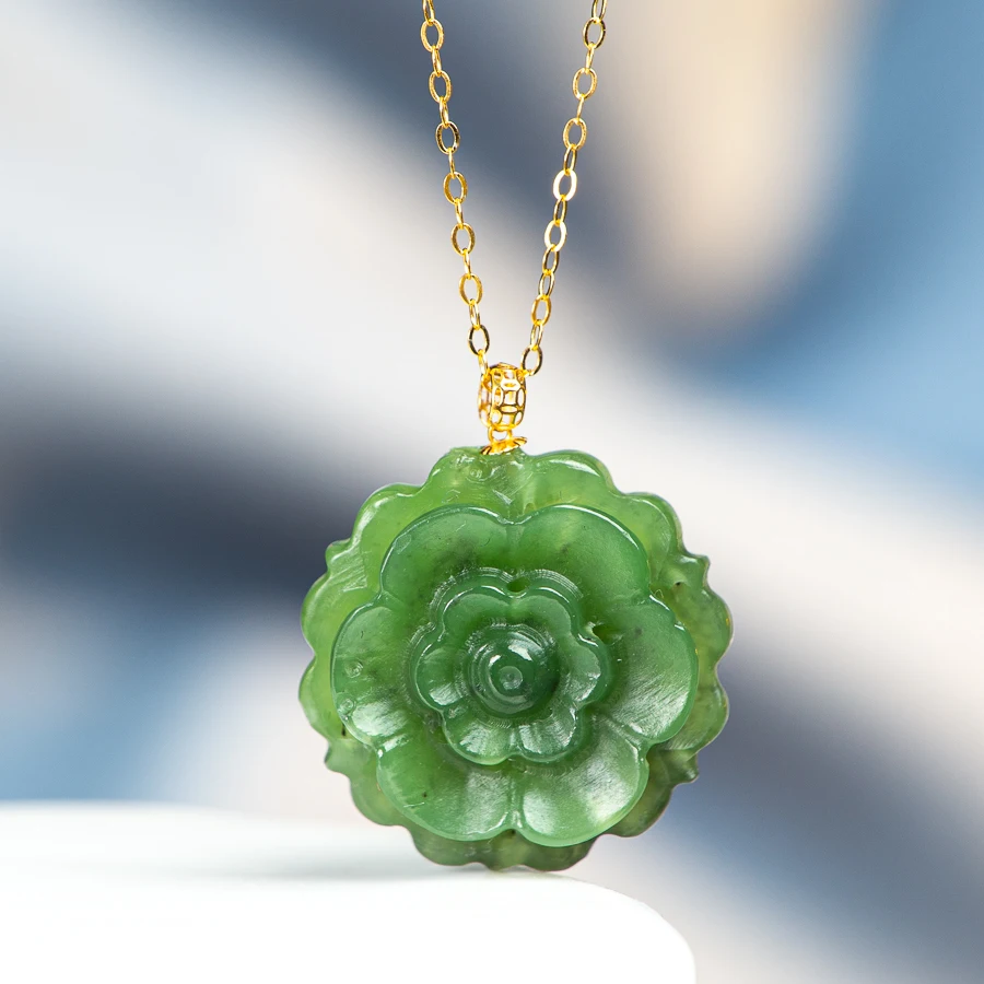 

TIMESWIND Natural Jade Green Sunflower Three-d Pendant Women S925 Necklace with Certificate