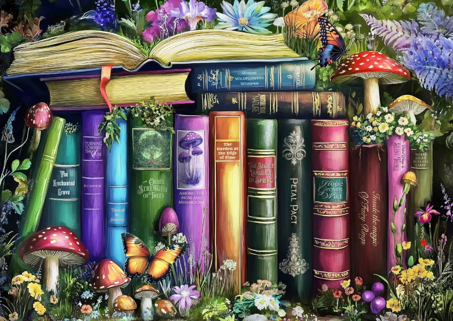 Jigsaw Puzzle 500/1000/1200/2000PCS Fairy Tale Book Stack Magical Mushroom Wildflower And Butterfly Family Activity Game Gift