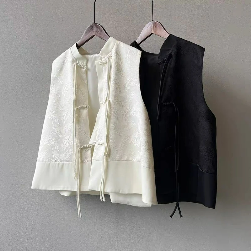 New Chinese-style 2026 Spring Autumn Women's Vests with Solid Color Buttons Jacquard Patterns The Short Waistcoat Retro Vest