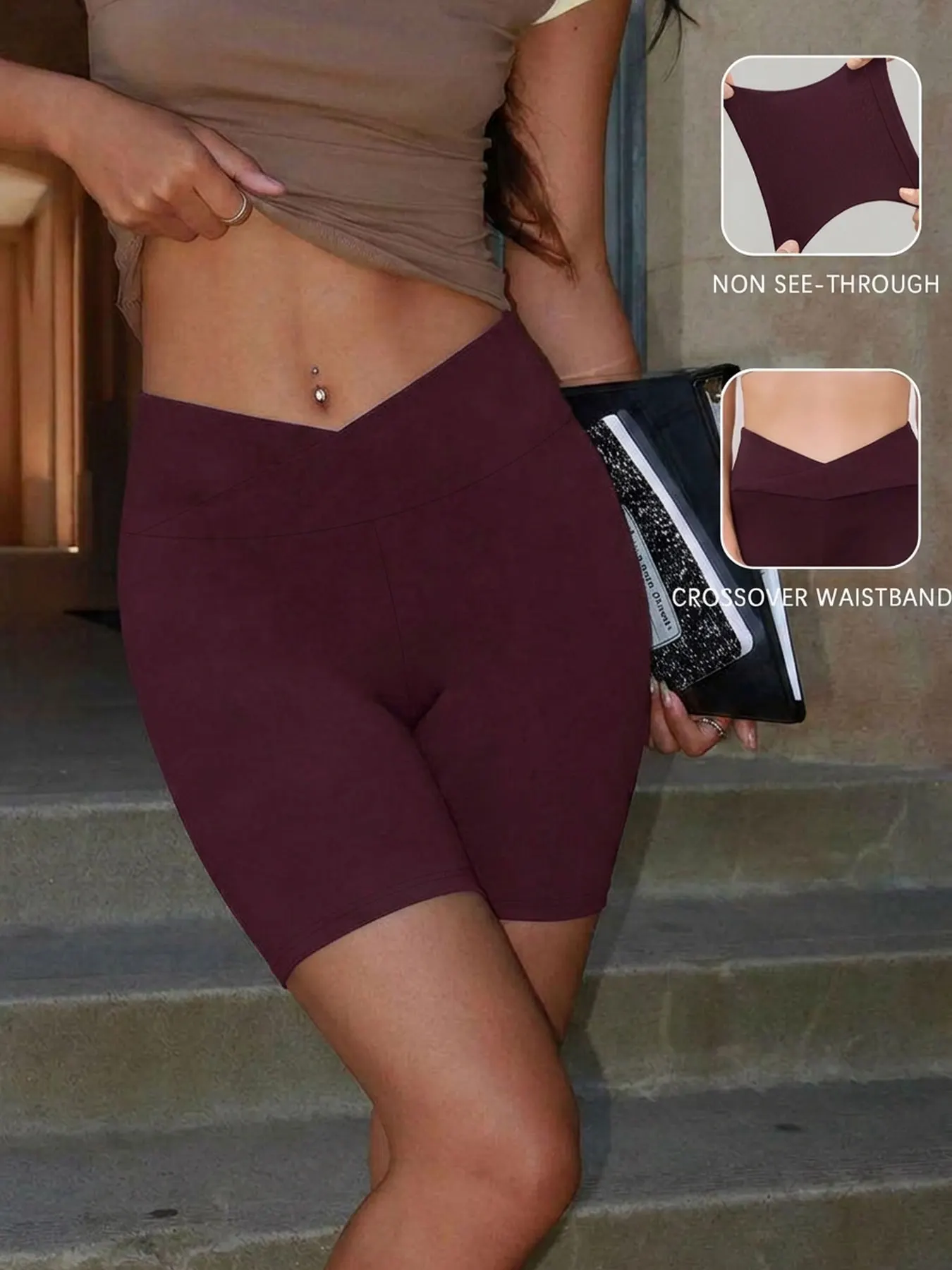 Damen Superweiche Crossover High-Waist Biker-Shorts mit Bauchkontrolle, Blickdicht, für Workout, Yoga und Laufen – Detail 8