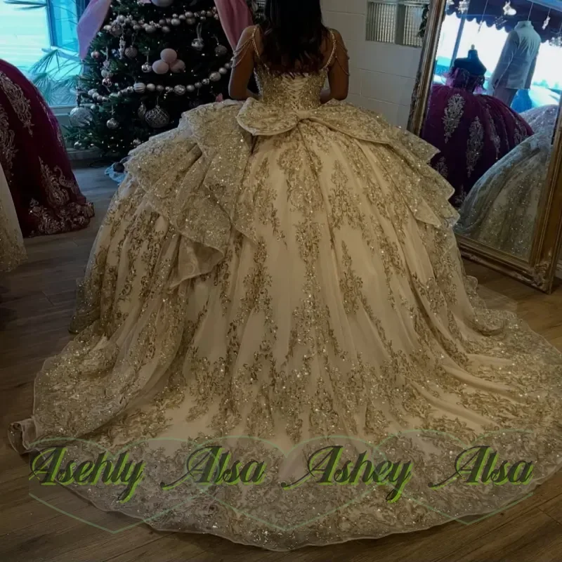 Champagne Shiny Quinceanera Dresses Off The Shoulder Lace Bead Bow Tull Corset Party Birthday Sweet 16 Dress Vestidos 15 De Anos