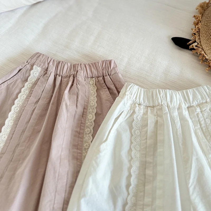 

2025 New Summer Style Children's and Girls' Korean Version Versatile Countryside Lace Lace Straight Leg Wide Leg Pants