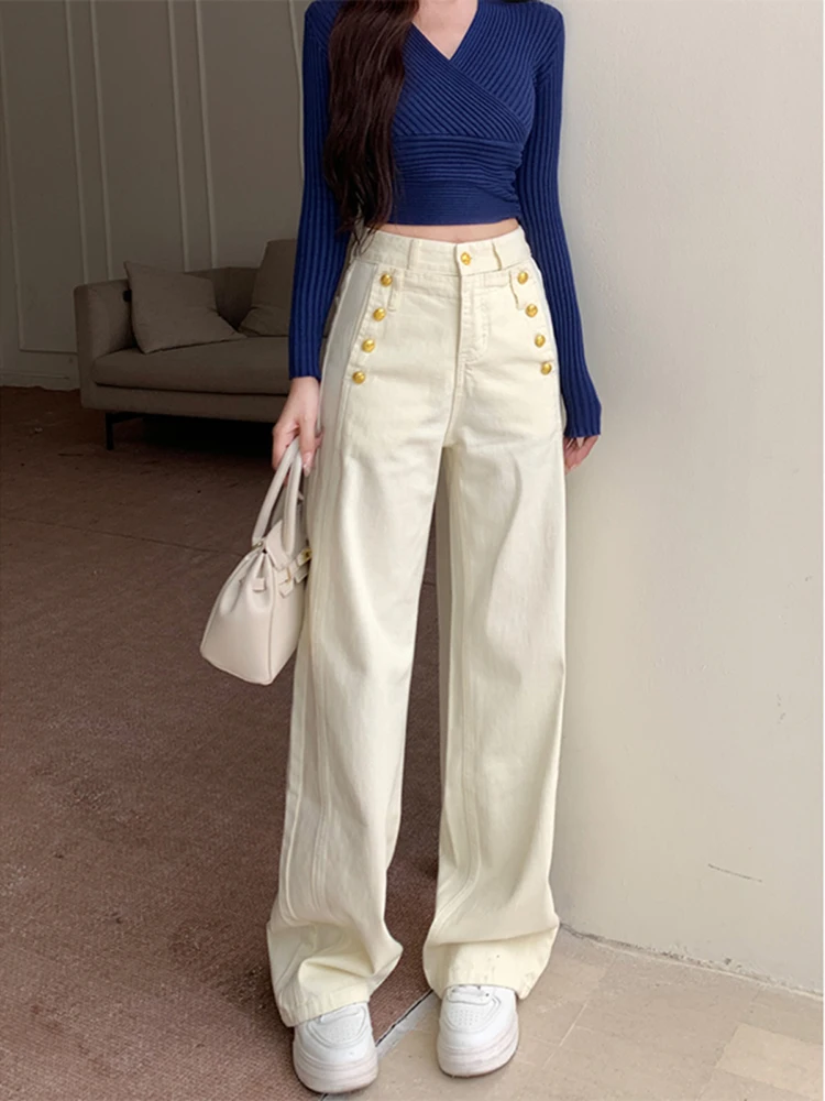 

Temperament Wide Leg Jeans for Women in Summer 2025 Heavy Industry Gold Buckle High Waist Slimming Fashion Versatile Pants