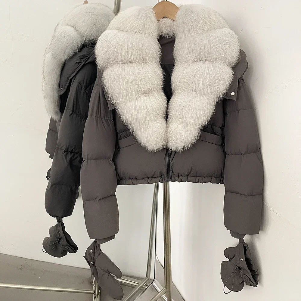 OFTBUY Neue Kurze Oberbekleidung Kapuze Entendaunen Luxus Echtfell Daunenjacke mit Abnehmbaren Handschuhen Damen Puffermantel mit Echtem Fuchsfell – Detail 17